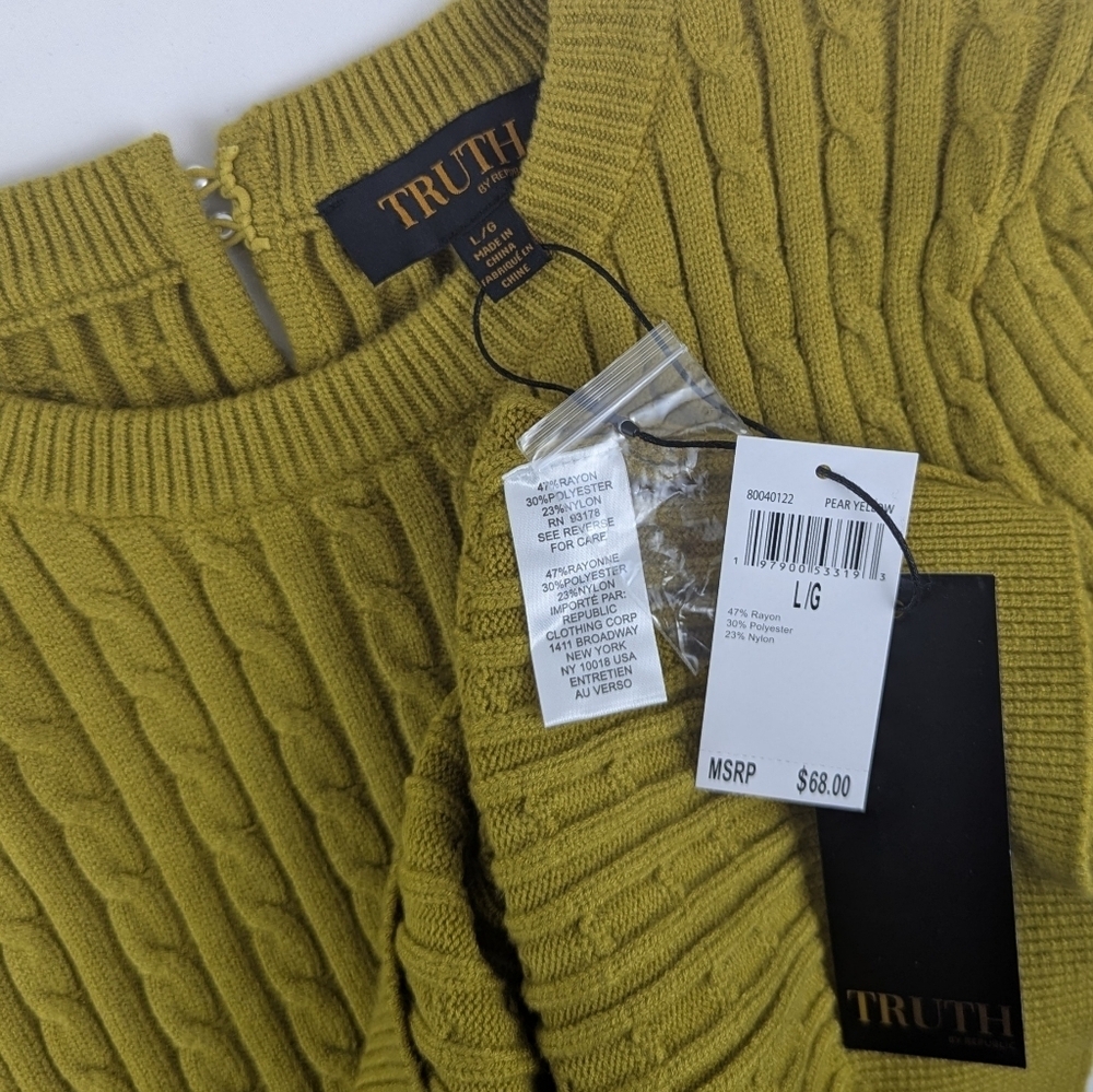 TRUTH By Republic Cable Knit Sweater Short Sleeves Crew Neck Pear Yellow L NWT - Picture 8 of 9